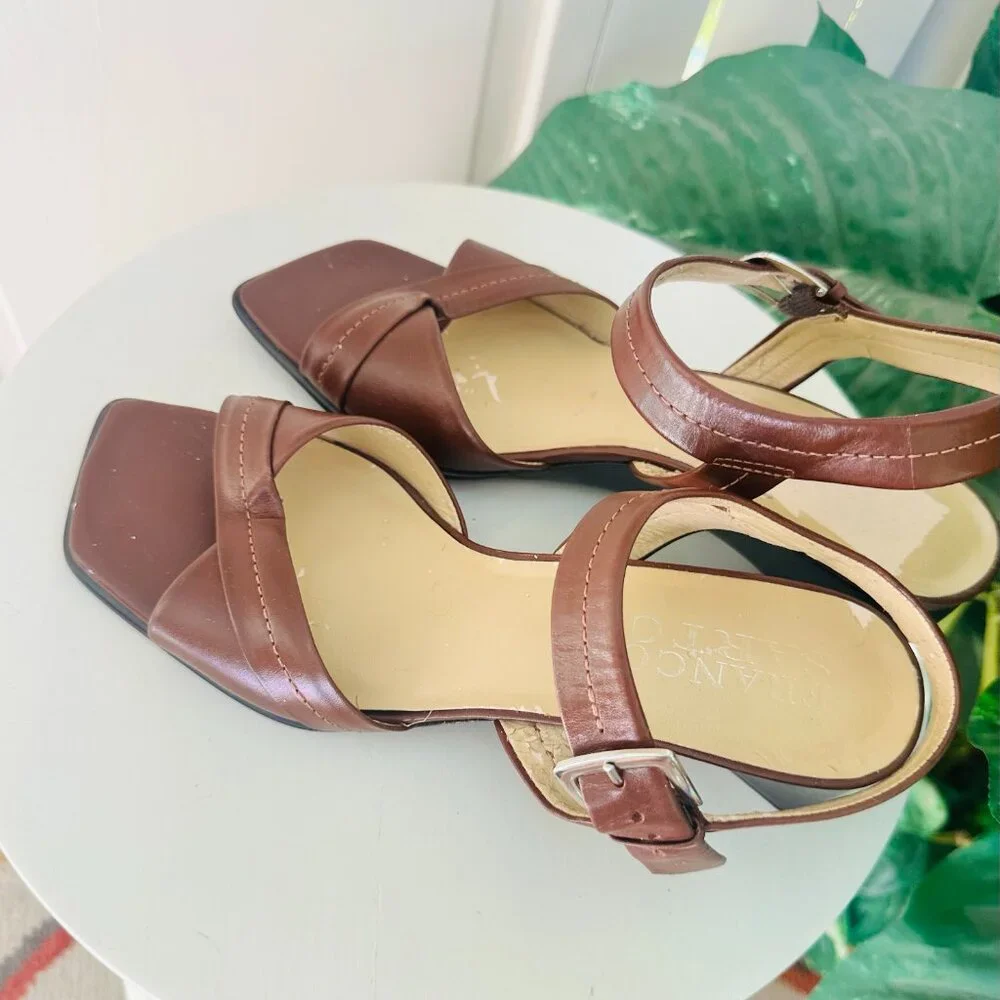 Vintage 1990s Franco Sarto Brown Leather Wedge Sandals Slingback Size 9